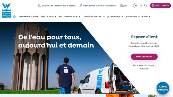 Water utility homepage with slogan, worker near water tower and service van, client login prompt