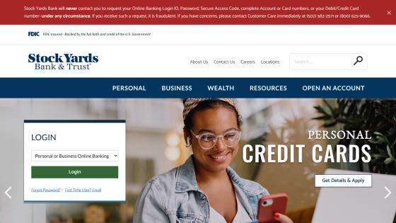 Stock Yards Bank homepage with login form and promotion for personal credit cards