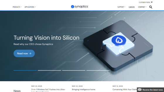 Homepage featuring a hero section about Synaptics with a call-to-action button.