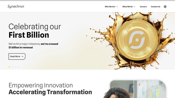 Synechron website celebrating first billion in revenue with navigation and hero section showing milestone and call to action