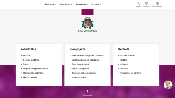 Latvian court administration website with navigation menu, logo, and sections for news, services, and contacts