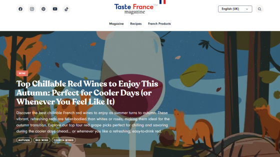 Taste France magazine homepage featuring an article on chillable red wines for autumn with autumn-themed illustration