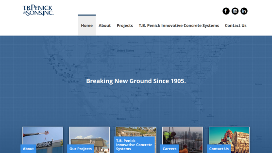 T.B. Penick & Sons, Inc. homepage with navigation and hero text 'Breaking New Ground Since 1905' over a map background
