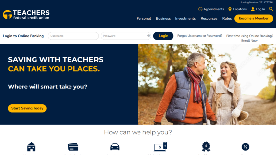 Teachers Savings logo, headline about saving with teachers, call-to-action button, and image of two people outdoors