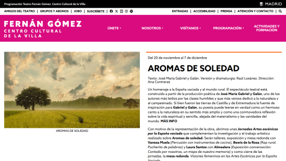 Fernán Gómez Centro Cultural de la Villa website showing event Aromas de Soledad with image and detailed description