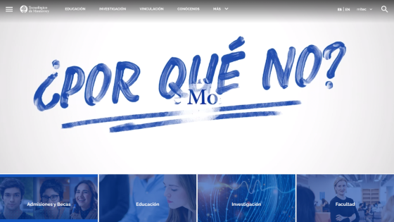 Homepage featuring the phrase '¿Por qué no?' with images of students and educational themes.