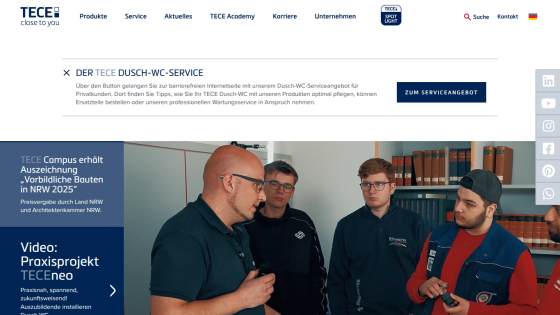 TECE website showing award announcement for TECE Campus and video project TECEneo with people discussing in workshop