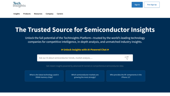 Homepage of Tech Insights featuring a search bar and key insights on semiconductor technology.