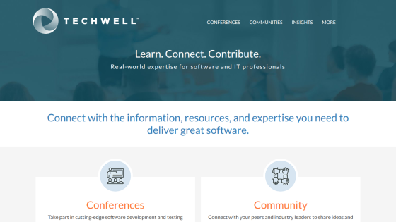 Techwell website header with navigation and hero text about expertise for software and IT professionals