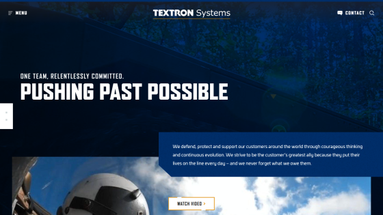 Textron Systems homepage with slogan 'Pushing Past Possible' and a video watch button, emphasizing customer support and protection