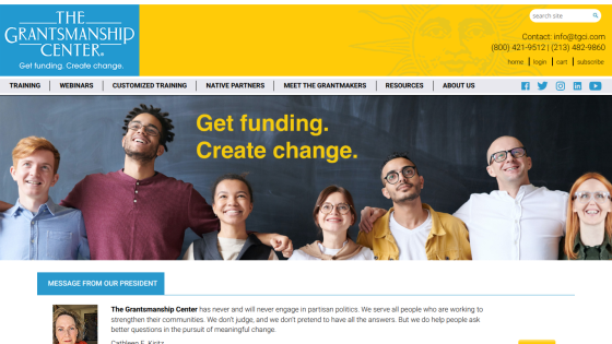 The Grantsmanship Center website header with navigation and hero section showing diverse group and text 'Get funding. Create change.'