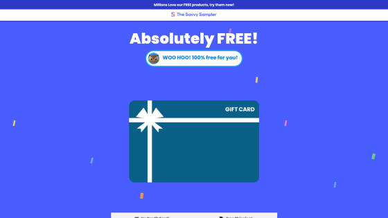The Savvy Sampler website offers absolutely free gift cards with a banner promoting free products and a gift card image.