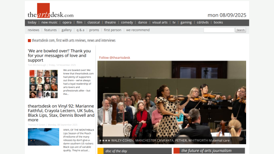 Homepage of The Arts Desk featuring an orchestra performance and latest articles.