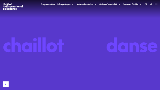 Chaillot Théâtre National de la Danse website with navigation menu and large hero text 'chaillot danse' on purple background