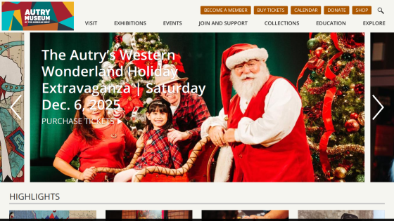 Autry Museum website header and hero promoting Western Wonderland Holiday Extravaganza event on Dec. 6, 2025 with ticket purchase link