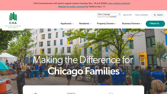 Chicago Housing Authority homepage with navigation and headline 'Making the Difference for Chicago Families' over community event photo