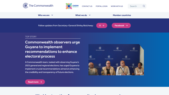 Commonwealth website featuring updates on electoral process recommendations with a panel discussion image.