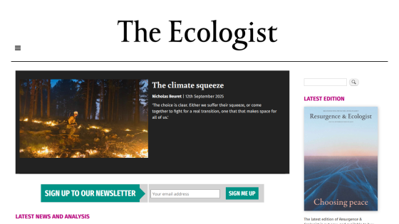 The Ecologist homepage featuring an article on climate issues and a newsletter signup.