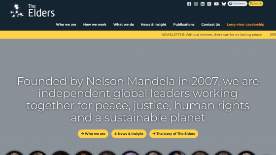 The Elders website header with navigation and hero text about global leaders for peace, justice, and human rights