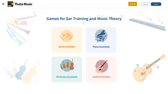Theta Music homepage offering games for ear training and music theory with options for Band, Piano, Orchestra, and Guitar Essentials