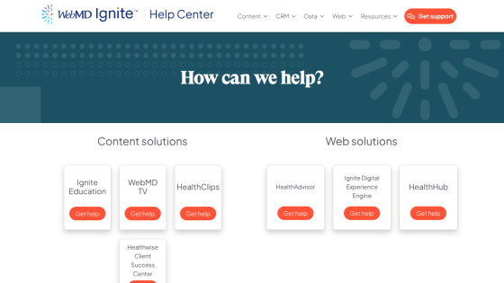 WebMD Ignite Help Center with navigation and sections for content and web solutions offering help options