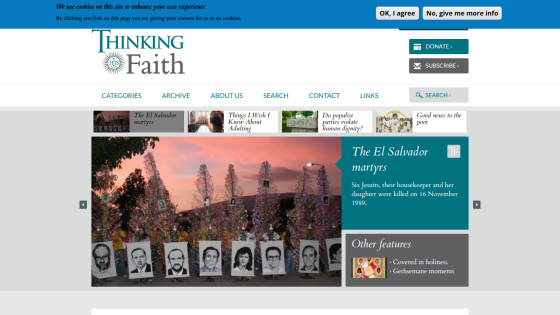 Thinking Faith website with navigation links and a feature on El Salvador martyrs including an image and description