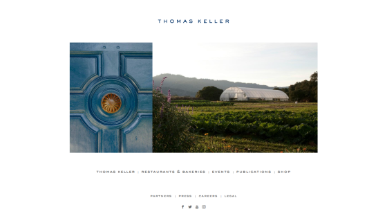 Homepage of Thomas Keller featuring a blue door and vineyard landscape.