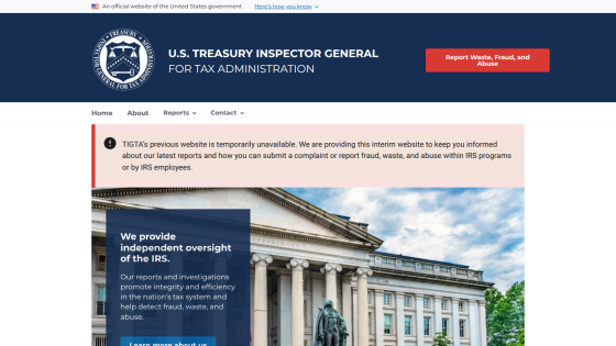 U.S. Treasury Inspector General for Tax Administration homepage with oversight mission and report fraud button