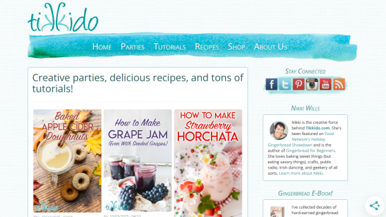 Tikkido website homepage with navigation, social links, intro text, and featured recipes for apple cider doughnuts, grape jam, and strawberry horchata