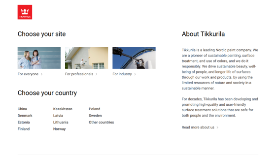 Tikkurila homepage with options to choose site type and country, and an about section describing the company