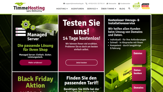 TimmeHosting nginx web hosting homepage with managed server, free 14-day trial, and free moving and installation service offers