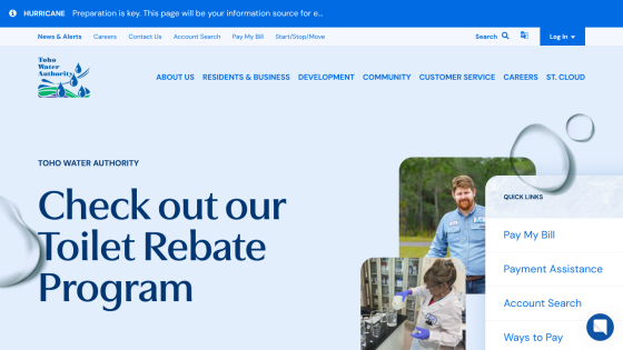 Toho Water Authority homepage promoting Toilet Rebate Program with navigation and quick links