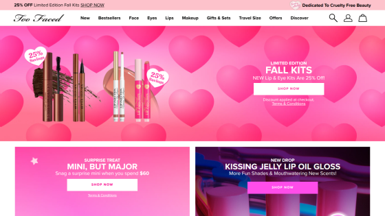 Homepage featuring beauty products with promotional banners on a pink background.