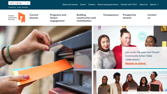 Toronto Community Housing website with navigation links and announcements about tenant community events and diversity scholarships