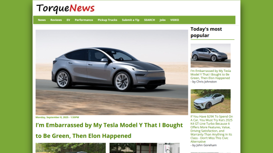 Homepage of TorqueNews featuring a Tesla Model Y article and navigation menu.