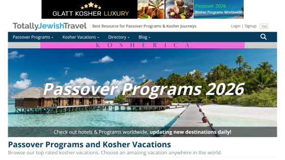 Website offering Passover Programs 2026 with kosher vacations and worldwide hotel listings