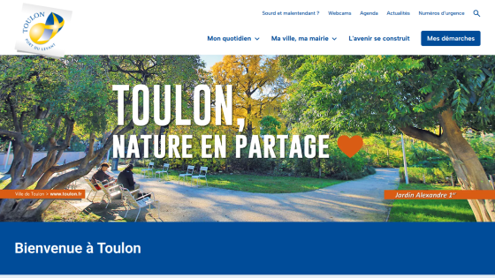 City of Toulon website with navigation and hero image of Jardin Alexandre 1er park