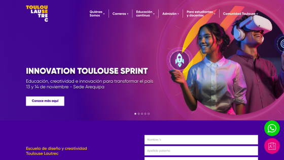 Innovation Toulouse Sprint event promotion with education and creativity theme, November 13-14 in Arequipa, with navigation menu