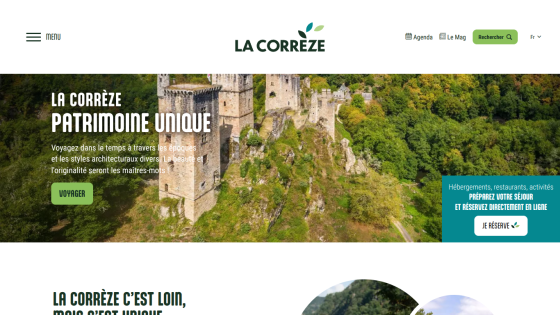 Tourism site for La Corrèze showcasing unique heritage with a castle image and travel invitation
