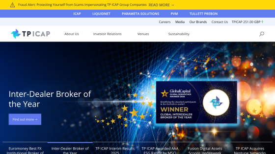 Homepage of TP ICAP showing Inter-Dealer Broker of the Year award and navigation menu