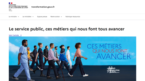French public service website hero section promoting careers that help society advance with a group of people walking forward