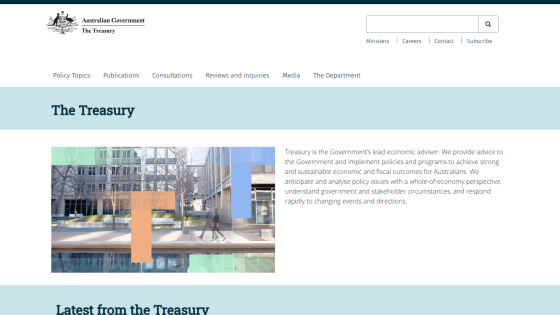 The Treasury website featuring a header, introductory text, and a prominent image.