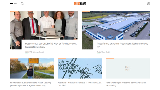 News articles on technology and business projects with images and headlines in German on Trendkraft website
