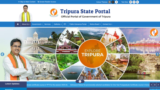 Tripura State Portal homepage featuring images and 'Explore Tripura' section.