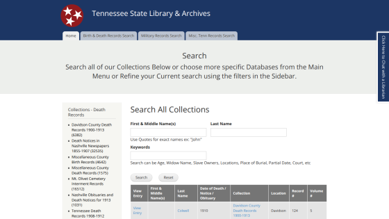 Tennessee State Library & Archives search page with tabs for record types and a form to search collections by name and keywords