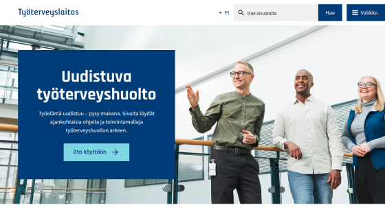 Website header with navigation and a hero section featuring three smiling professionals and a call-to-action button about evolving occupational health services.