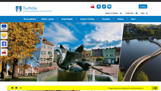 Official Tuchola city website with navigation menu and images of local landmarks and nature