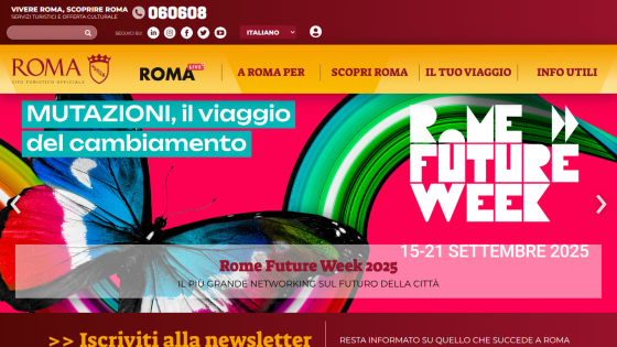 Homepage featuring Rome Future Week event details and a colorful butterfly graphic.