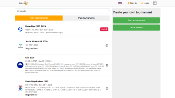 Tournament listing page showing active tournaments with dates and options to create or book a tournament demo.