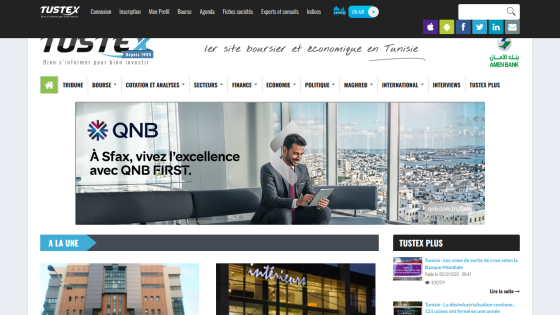 TUSTEX homepage with navigation menu, hero banner for Tunisie Valeurs, and latest news highlights